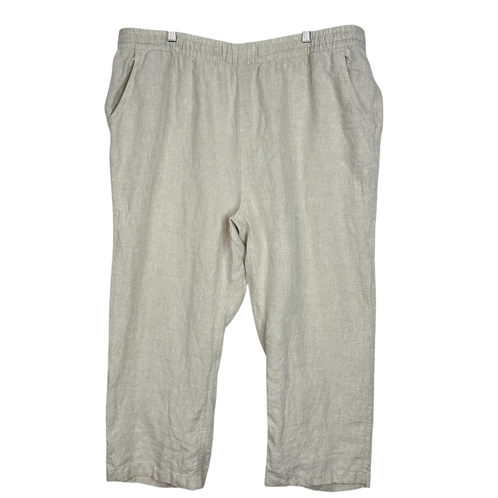 L.L.Bean Linen Crop Pants Women's 22W Beige Pull On Elastic Waist Pockets